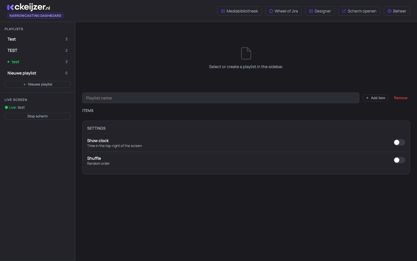 Het narrowcasting-dashboard met playlists en live scherm