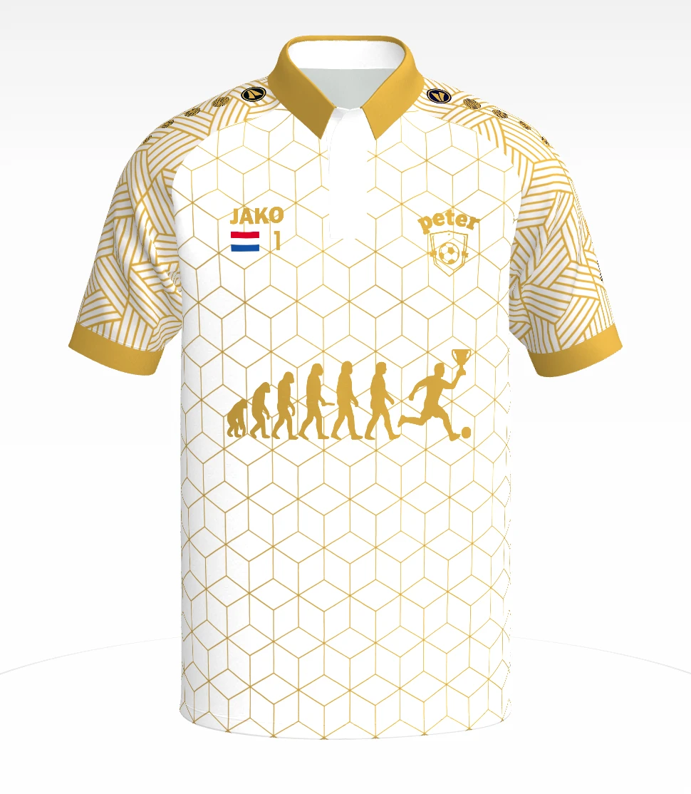 Voorkant van het shirt: gouden ruitpatroon met de evolutie-illustratie en het clublogo